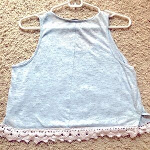 Baby blue tank top with embroidered lace trim